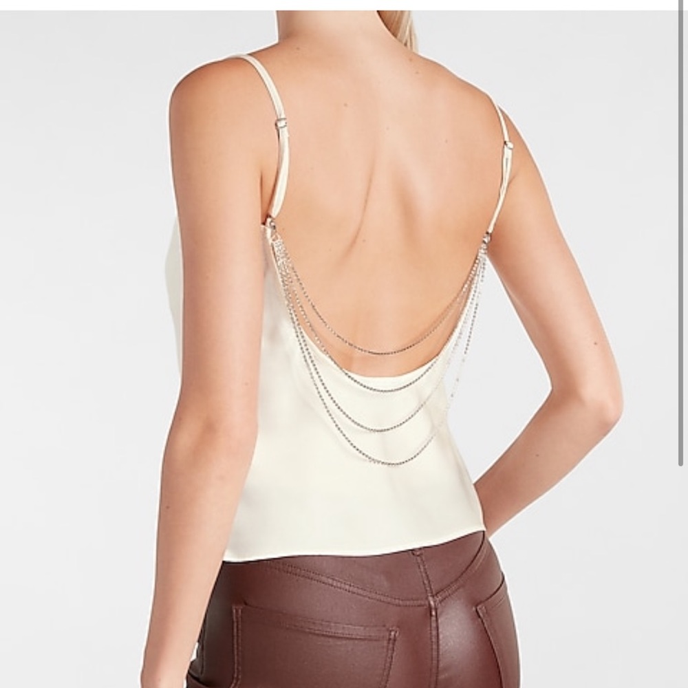 Woman Express Top Satin Cowl Neck Rhinestone
Chain Back CamiColor: Swan XL